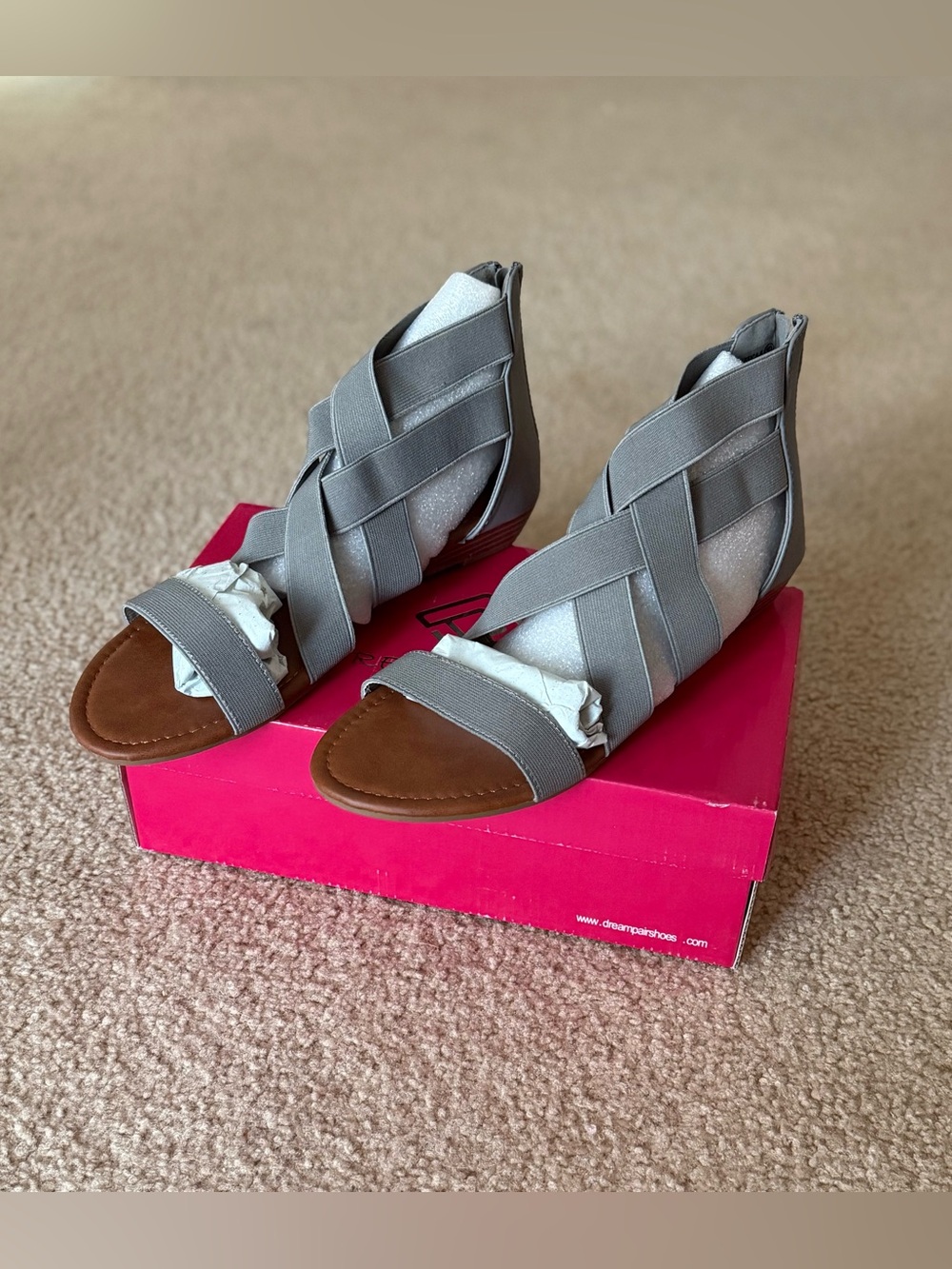 Dream Pairs Gray Crisscross Elastic Open-Toe Sandals with Brown Footbed